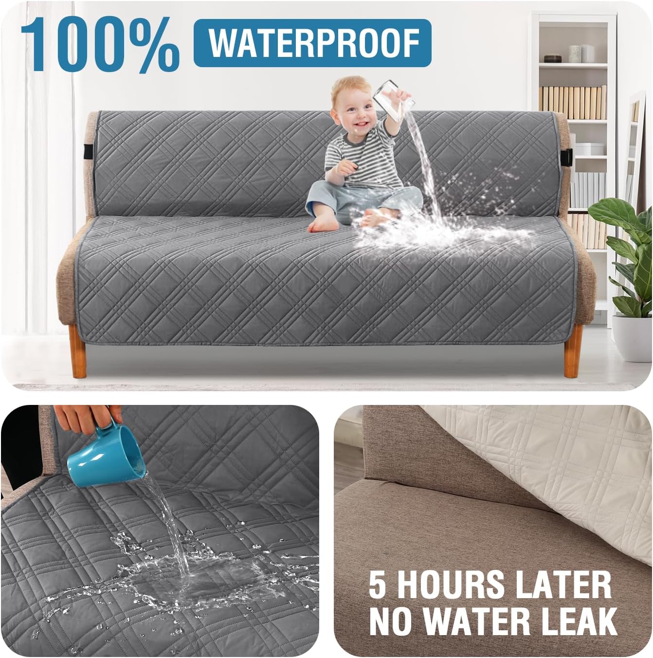 H.VERSAILTEX 100% Waterproof Slipcovers for Couches and Sofas Modern Pet Couch Cover Thick Soft Furniture Protector with Elastic Straps(Sofa, Lily Pad/Beige)