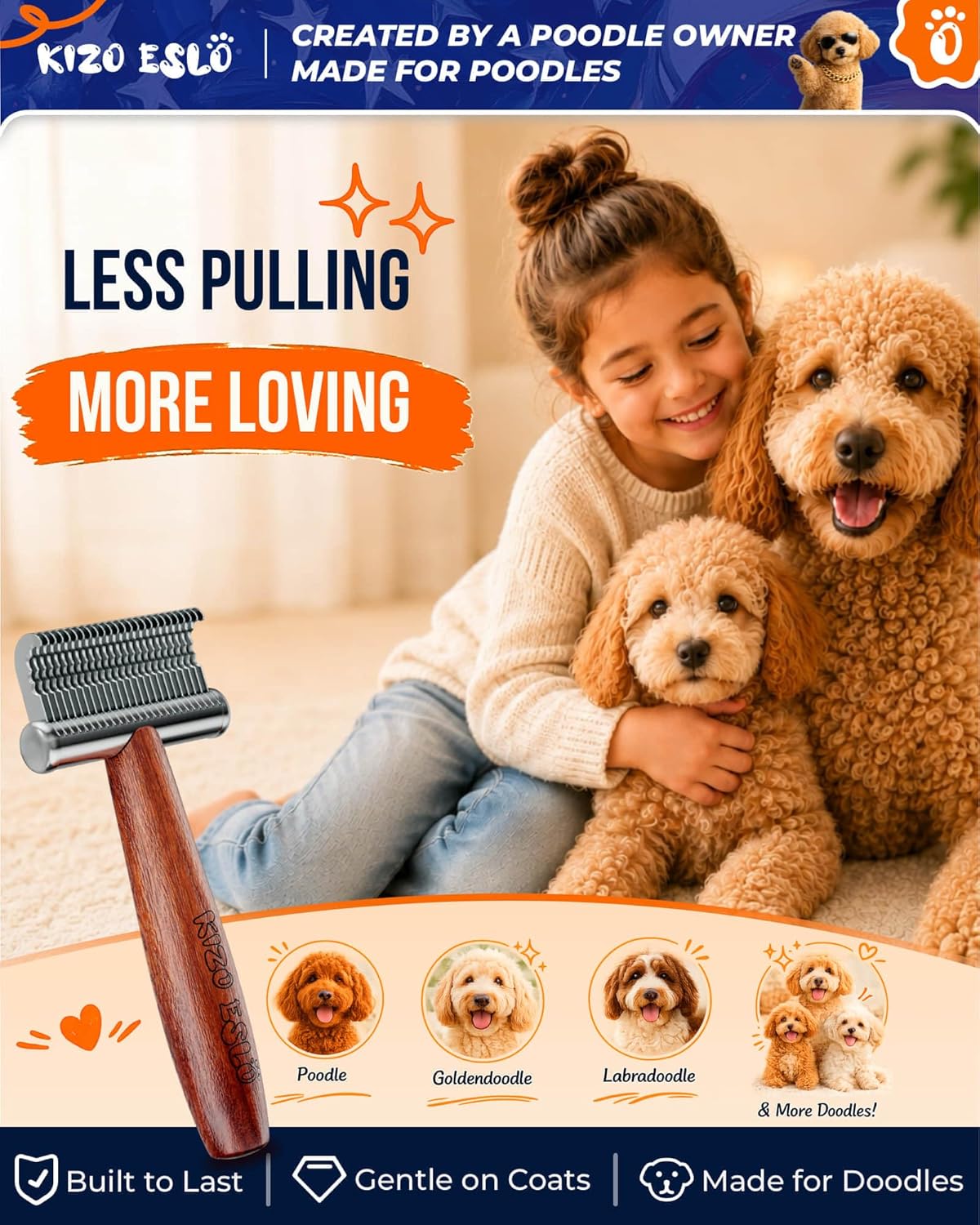 KIZO ESLO Dog Dematting Brush & Undercoat Rake for Doodles, Poodles & Long-Haired Pets, Detangling Comb for Thick Curly Coats, Removes Mats, Knots & Tangles, Stainless Steel Teeth with Wooden Handle