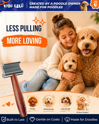 KIZO ESLO Dog Dematting Brush & Undercoat Rake for Doodles, Poodles & Long-Haired Pets, Detangling Comb for Thick Curly Coats, Removes Mats, Knots & Tangles, Stainless Steel Teeth with Wooden Handle