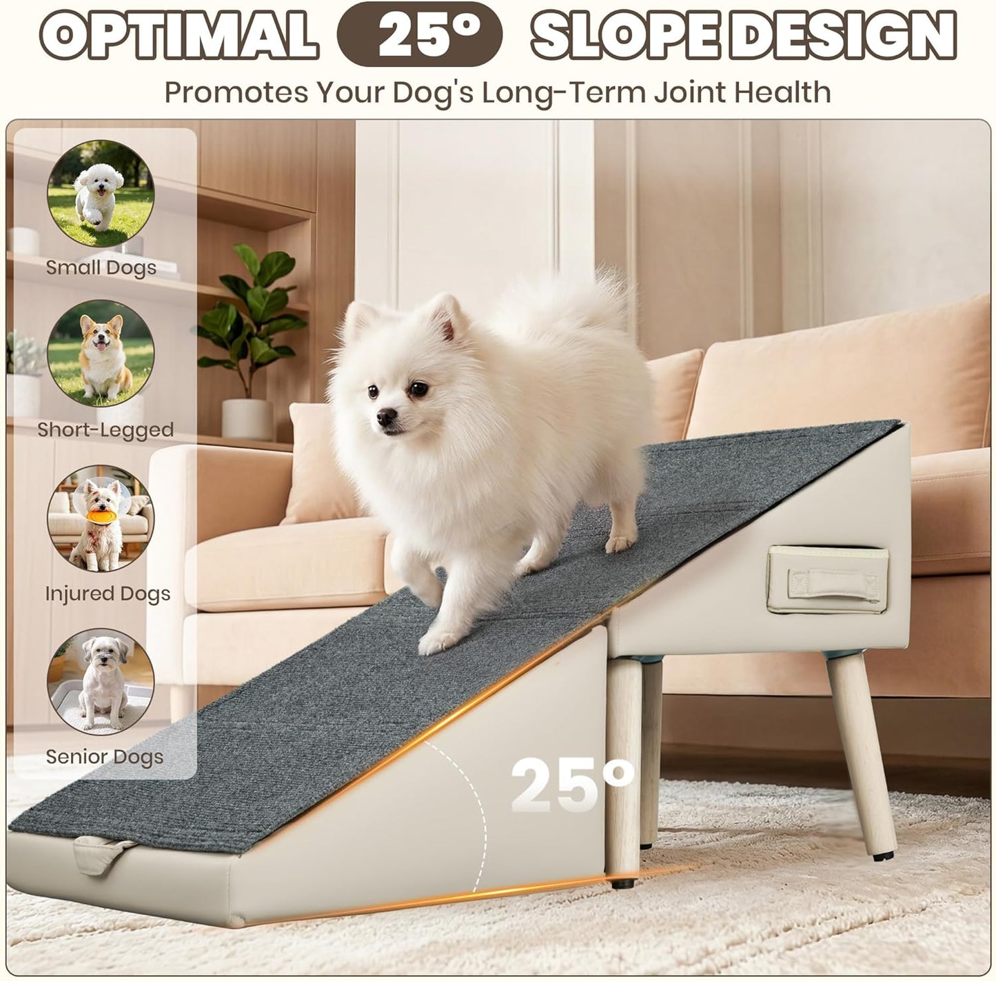 Dog Ramp for Couch and Bed, 17" H Stairs for Small to Medium Dogs and Cats Foldable Steps for Pets to Get on High Bed, Non-Slip Sturdy Ottoman Ramp with Storage Drawer, Brown