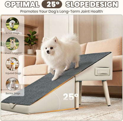 Dog Ramp for Couch and Bed, 17" H Stairs for Small to Medium Dogs and Cats Foldable Steps for Pets to Get on High Bed, Non-Slip Sturdy Ottoman Ramp with Storage Drawer, Brown