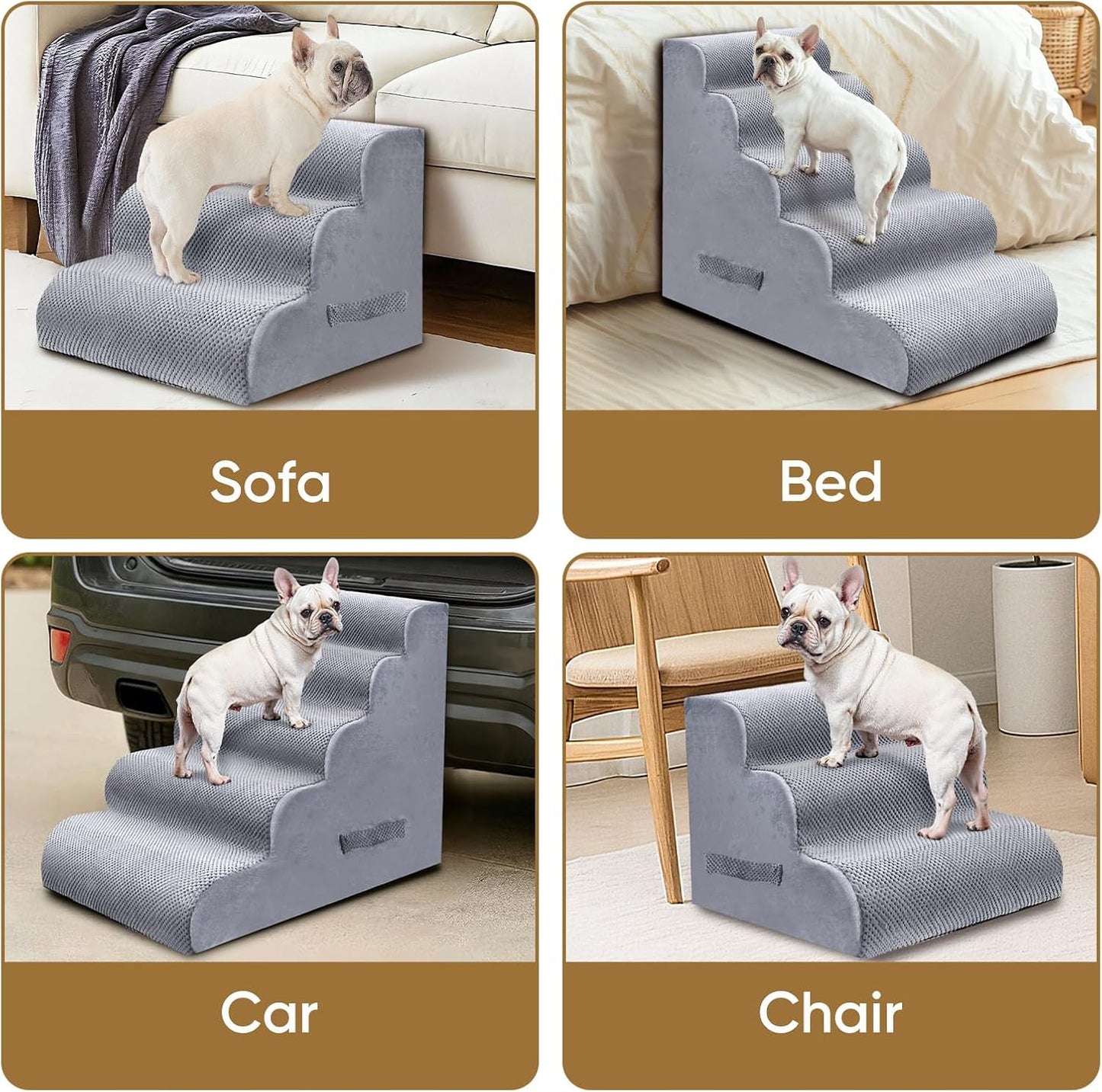PAWSCRAT Pet Stairs for Dogs 4-Step, 19.6" H Pet Stairs for High Bed, Couch Sofa & Chair, 30D Material Soft Foam Dog Steps with Non-Slip Bottom Surface Removable Washable Cover, Grey