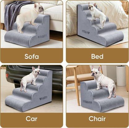 PAWSCRAT Pet Stairs for Dogs 4-Step, 19.6" H Pet Stairs for High Bed, Couch Sofa & Chair, 30D Material Soft Foam Dog Steps with Non-Slip Bottom Surface Removable Washable Cover, Grey