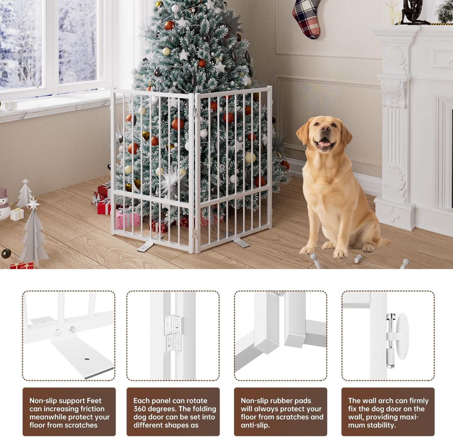4 Panels Full Metal Freestanding Dog Gates with Door, 80” W x 32” H Folding Pet Gate Fence with Support Feet for Indoor,Stairs, Hallways and Doorways(Black)
