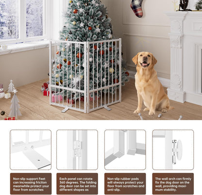 4 Panels Full Metal Freestanding Dog Gates with Door, 80” W x 32” H Folding Pet Gate Fence with Support Feet for Indoor,Stairs, Hallways and Doorways(Black)