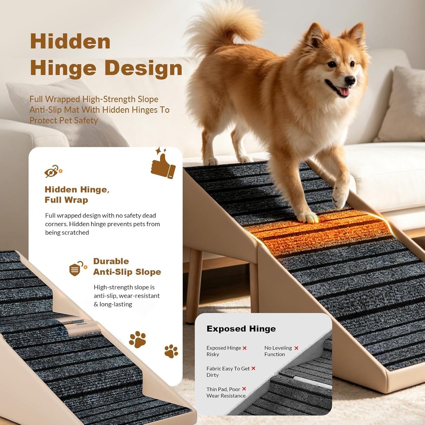 Dog Ramps for Small Dogs, Removable Non-Slip Mat, Foldable Wooden Dog Ramp, Split Ottoman Design for Small Frenchie, Pomeranian, Dachshund, Schnauzer, Chihuahua and so on （Light Brown）