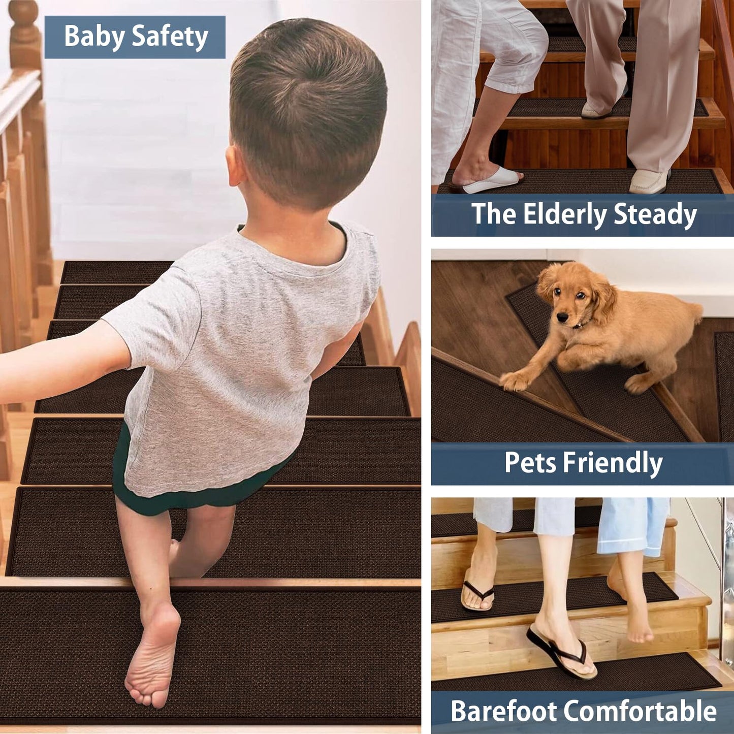 Peel and Stick Adhesive Stair Treads for Wooden Steps Indoor Set of 15 Pack, Rubber Backed Non Slip Jute Stair Rug Step Pads for Pet Dog, Elders and Kids, Beige