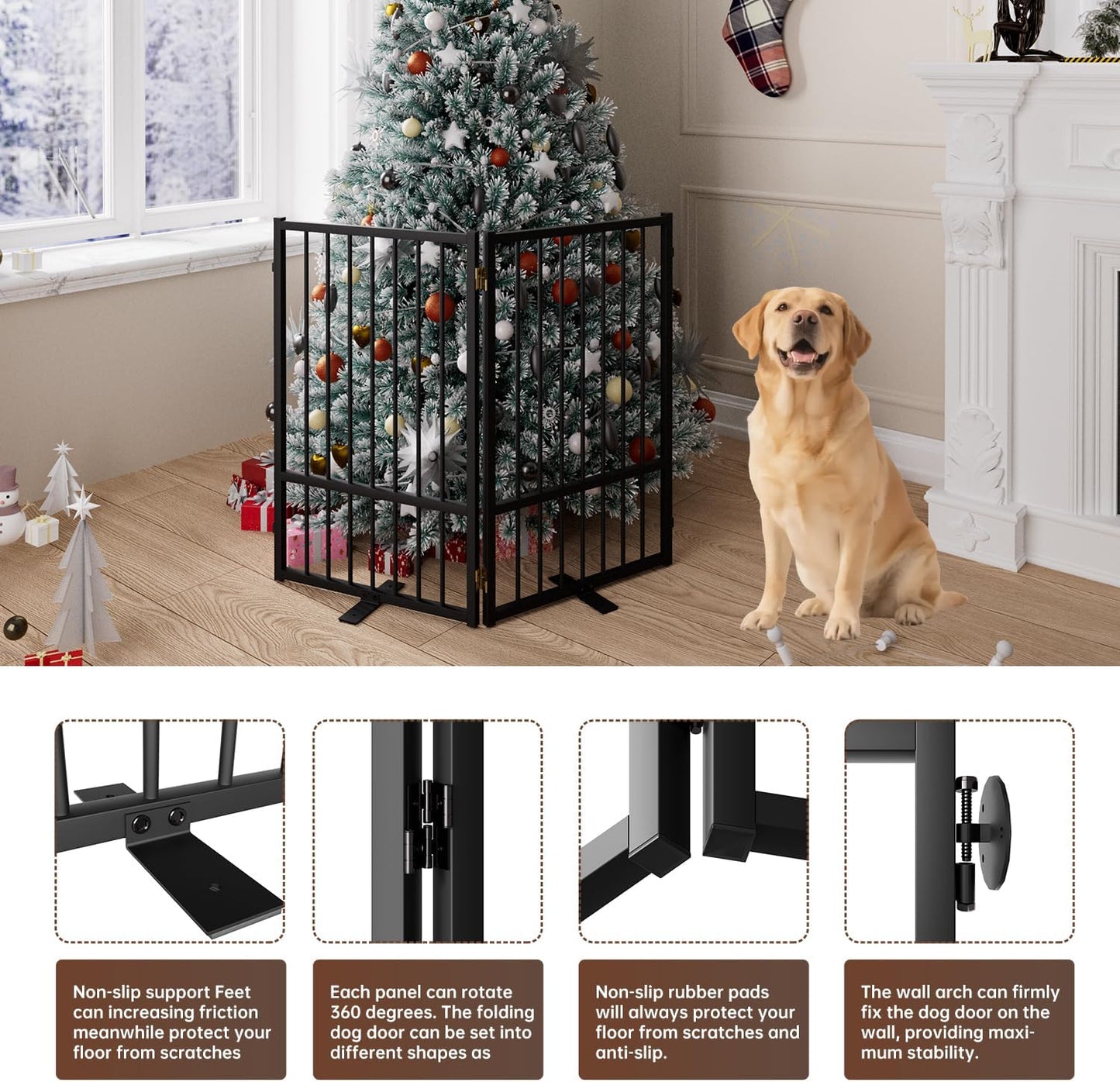 4 Panels Full Metal Freestanding Dog Gates with Door, 80” W x 32” H Folding Pet Gate Fence with Support Feet for Indoor,Stairs, Hallways and Doorways(Black)
