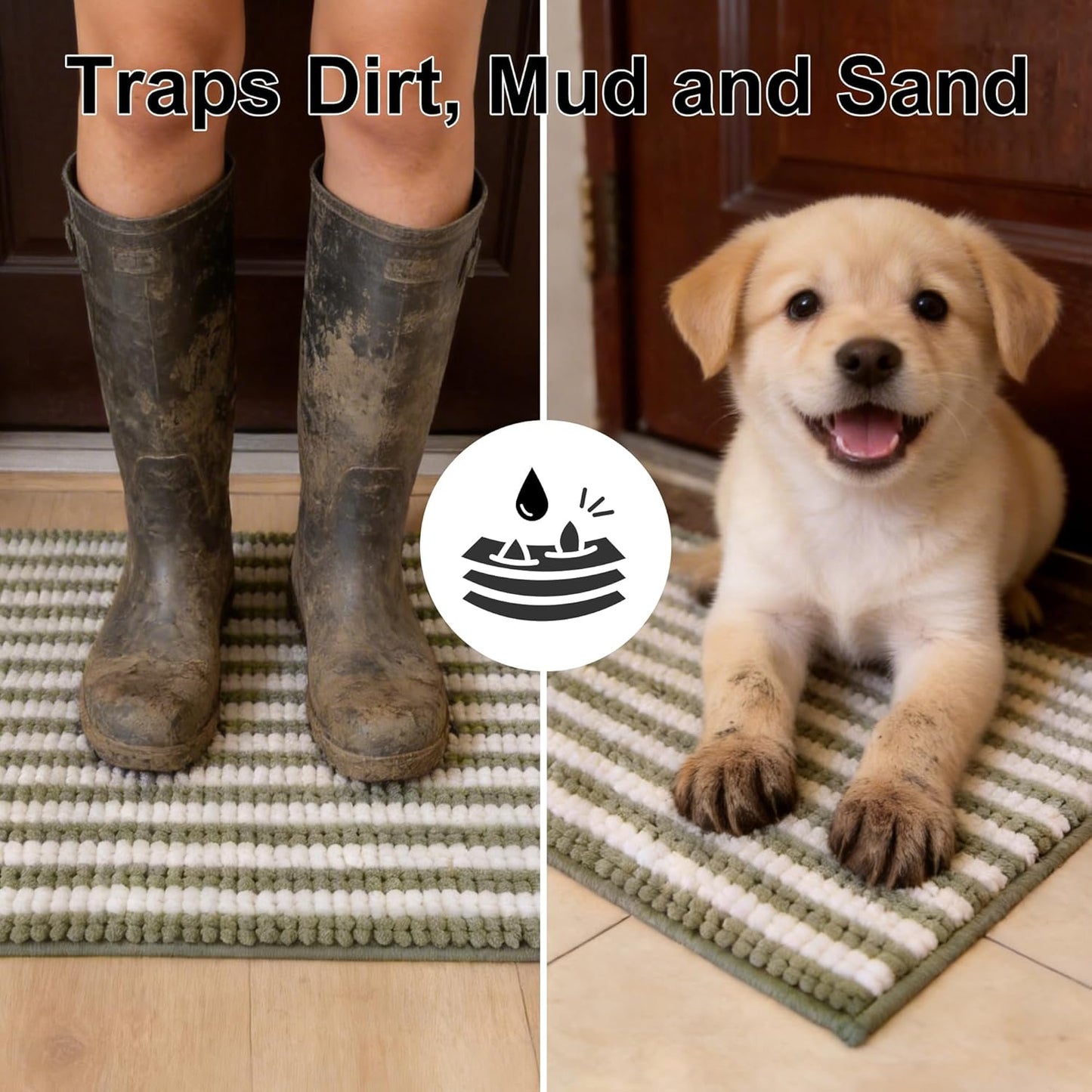 pobopobo Dog Door Mat for Muddy Paws - Absorbent & Washable Chenille Rug, Non-Slip Dirt Trapper for Indoor Outdoor Entryway, Quick Dry Pet Mat for Muddy Dogs (Striped Gray-Blue&White, 24" x 16")