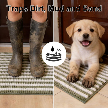 pobopobo Dog Door Mat for Muddy Paws - Absorbent & Washable Chenille Rug, Non-Slip Dirt Trapper for Indoor Outdoor Entryway, Quick Dry Pet Mat for Muddy Dogs (Striped Gray-Blue&White, 24" x 16")