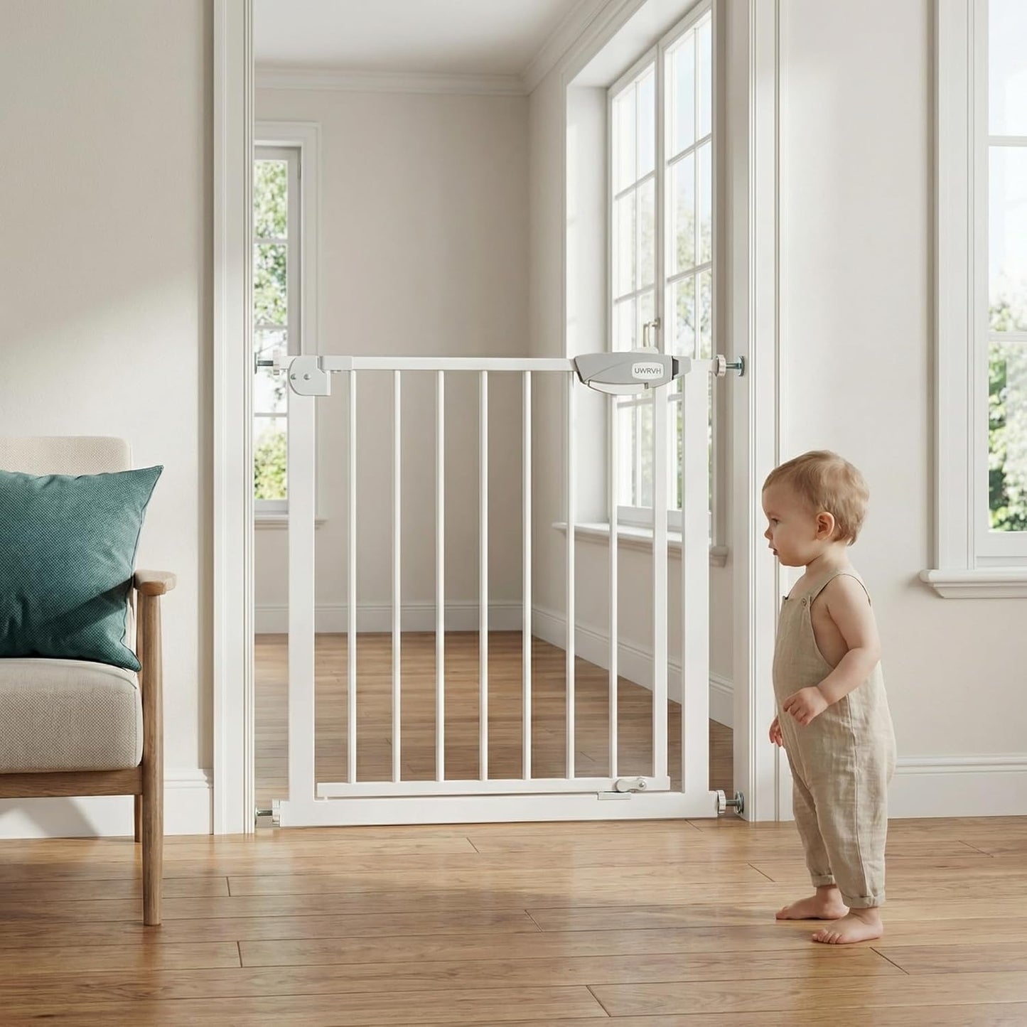 Safety Gate for Stairs & Doorways, Auto-Close Baby Gate or Dog Gate – Pressure Mount No Drilling, 30" Tall All Metal Frame with Dual Locking System (White, 30" Tall 29"-33" Wide)
