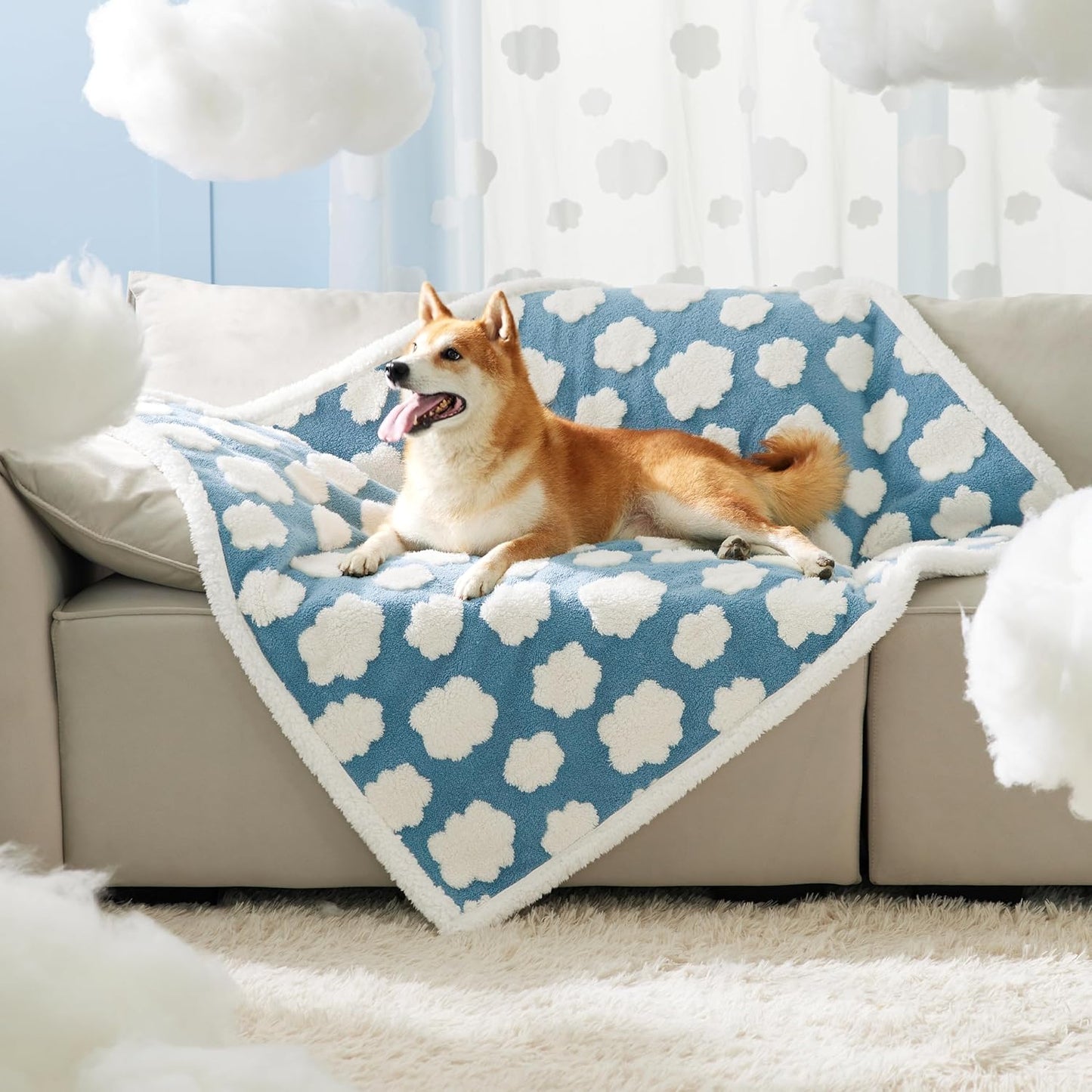 LE SURE Waterproof Dog Blanket for Large Dogs - Washable Double Sided Dog Blankets with Warm Jacquard Shag and Soft Sherpa Fleece, Pet Cat Blanket for Couch Protection, 3D Textured Cloud, Green