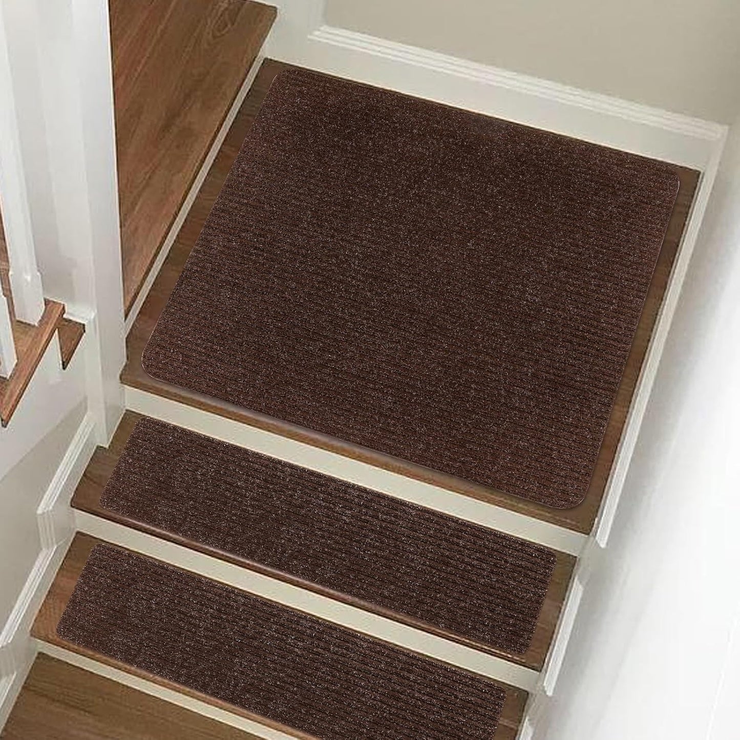 Stair Treads Non-Slip 16 Pack 8"x30" - Carpet Stair Runner for Indoor Wooden Steps with TPE Backing & Anti-Skid Surface, Reusable Adhesive Safety Rug for Kids/Elder/Pet-Friendly - Brown