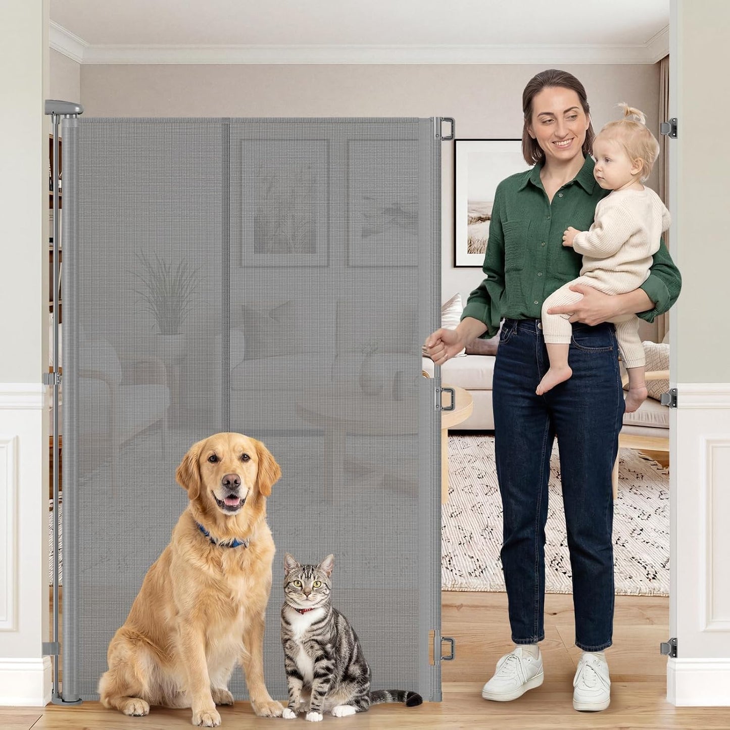 Reinforced 65" Extra Tall Pet Gate for Doorway, Jump-Resistant & Prevent Crawling Underneath Retractable Baby Gates Extra Tall, 0-55" W Retractable Dog Gate for Pet, Dogs, Cats, Puppies, Babies, Black