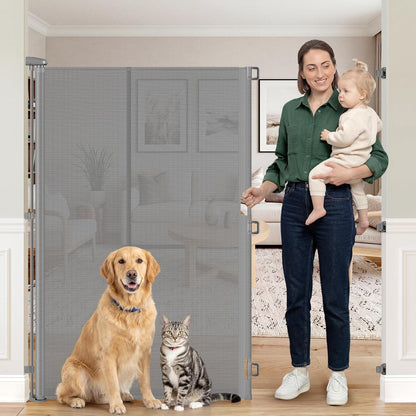 Reinforced 65" Extra Tall Pet Gate for Doorway, Jump-Resistant & Prevent Crawling Underneath Retractable Baby Gates Extra Tall, 0-55" W Retractable Dog Gate for Pet, Dogs, Cats, Puppies, Babies, Black