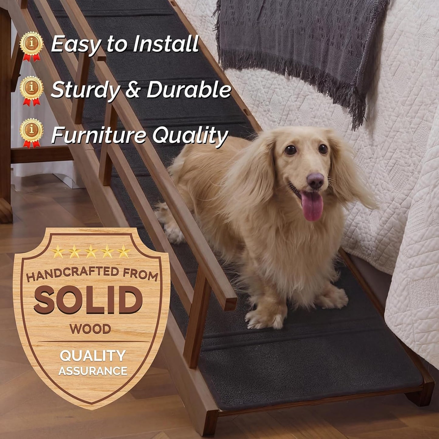 Dog Ramp for Bed or Couch, Wooden Pet Ramp with 20° Gentle Slope, Removable Side Rails, Non-Slip Surface, Top Platform & Wheels, Safe Bed Ramp for Small, Large & Senior Dogs, 60" Long, Mahogany
