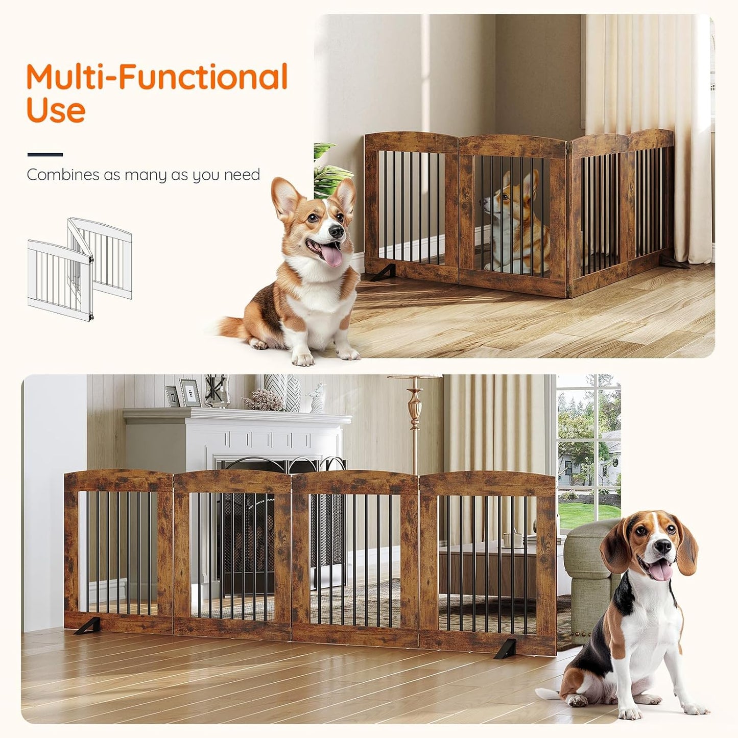 HOOBRO Indoor Dog Gate with Support Feet, Freestanding Pet Gate for Doorway, Stairs, 31.5 Inch 3 Panels, Folding Dog Fence, 360° Hinge for Easy Access, Sturdy Iron Pipe, Rustic Brown BF06PP03