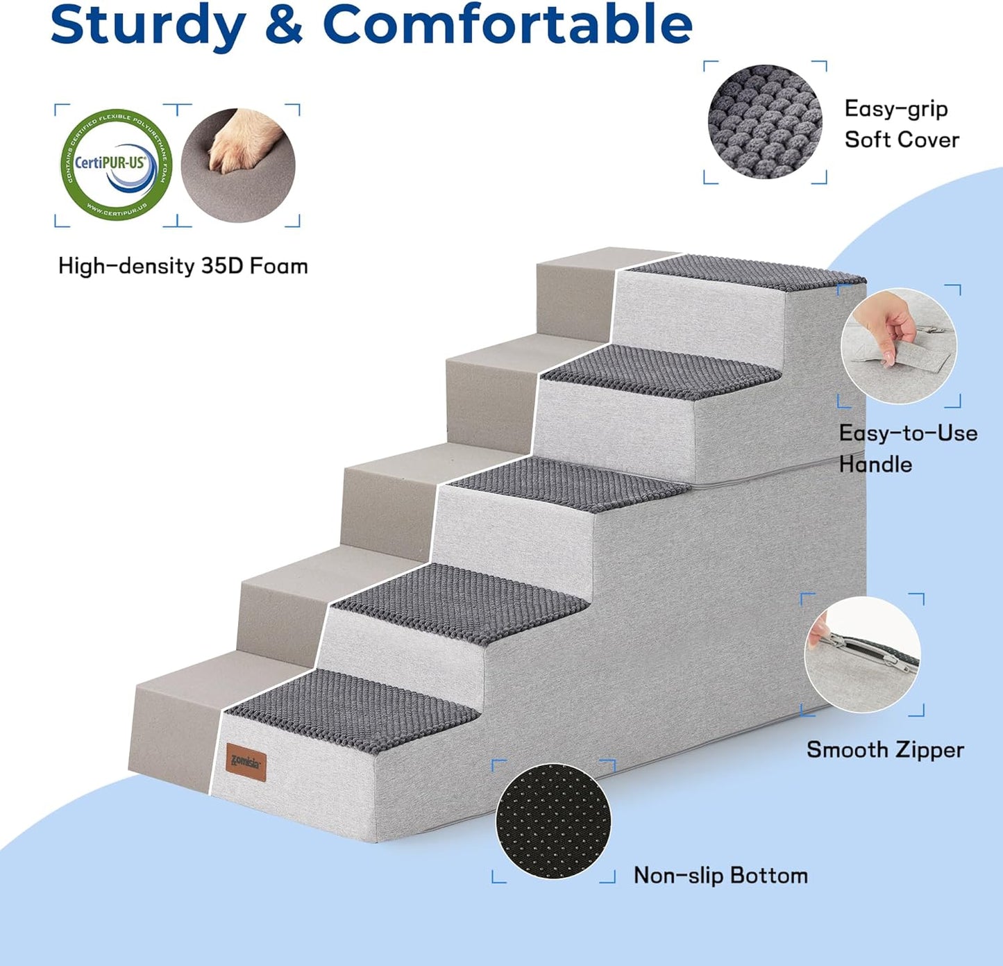 ZOMISIA Dog Ramp for Large Dogs - 24"H 5-Step Pet Stairs for High Beds with Tunnel, 2-in-1 Design with Zippers, Suitable for Indoor Cat Ladders with Non-Slip Bottom, Beige