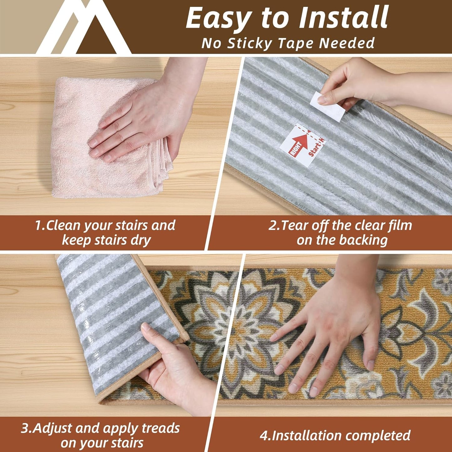 COSY HOMEER-Stair-Treads-for-Wooden-Steps Washable Indoor Stair Treads Non Slip 8" X 30" Soft Stair Carpet Treads Reusable Peel and Stick Stair Runner Rug for Kids, Elders and Pets 15pcs