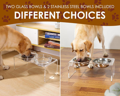 Acrylic Elevated Dog Cat Bowls Pet Feeder Double Bowl Raised Stand Comes with 4 Removable Stainless Steel Bowls. Perfect for Cats Puppies Small Dogs, 3.75 Inch
