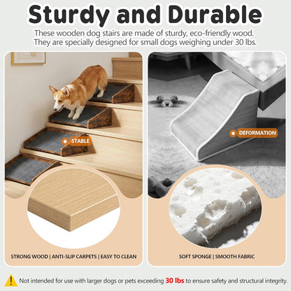 Megidok 2Pcs Low-Angled Wooden Dog Ramp for Stairs, Anti-Slip Carpet Surface Pet Steps, Sturdy Indoor Pet Stairs Ramp for Small Dogs & Cats, Assist for Injured Aged Pets Fits Staircase Steps