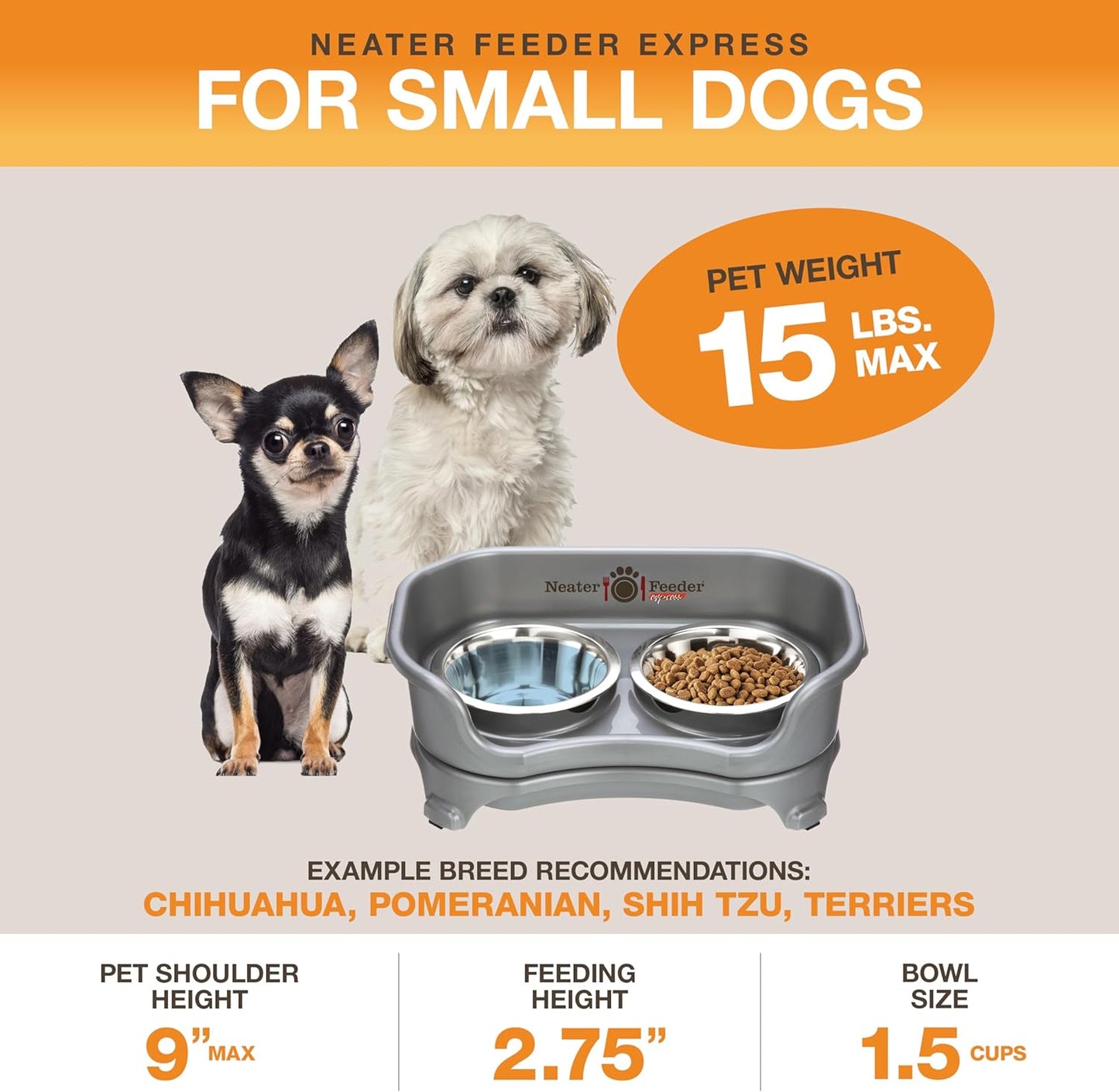 Neater Feeder Express Mess Proof Dog Bowls Elevated for Small Breeds under 15 Lb, Made in USA, No Spill Raised Dog Food Bowl Stand, Stainless Steel Food and Water Bowl Set, Feeding Station, Cappuccino