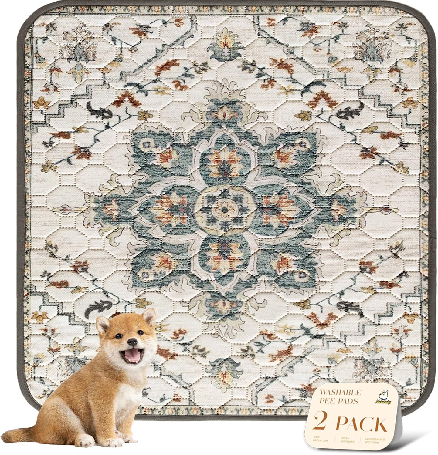 nunubaby Washable Pee Pads for Dogs, Stylish, Non-Slip and Leak-Proof Pee Pads. Reusable Potty Pads for Dogs for Crates and Floors.(Beige/Multi, 24" x48" )