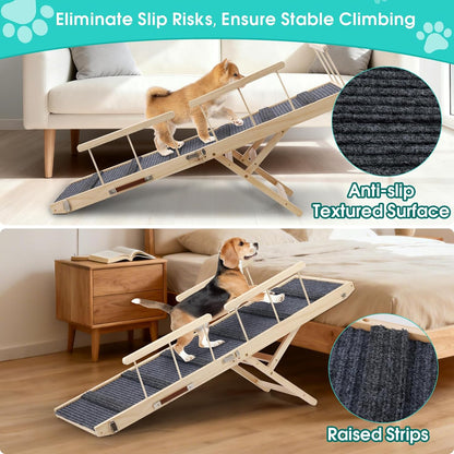 In hand Dog Ramp for High Bed with Safety Rails, Adjustable Foldable Pet Steps Ramp with Anti-Slip Pad, Assist Senior Arthritic, Injured, Small to Large Dogs to Climb Couch Bed Stairs Easily