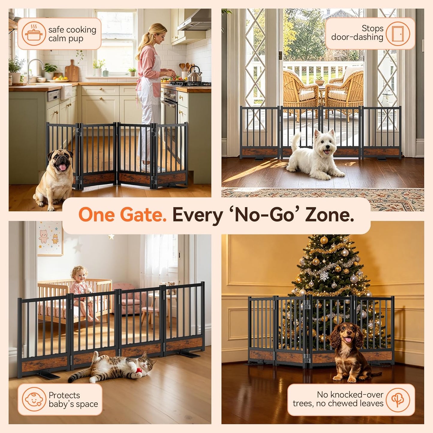 Dog Gate for Small Dogs, 48" No Drill Foldable Reinforced Base Pet Fence, Heavy Duty Step-Over Doorway Puppy Barrier, Anti-Tip Metal Frame, Supports 200+ lbs, Black