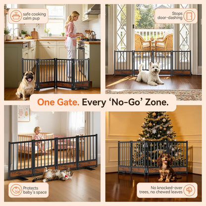 Dog Gate for Small Dogs, 48" No Drill Foldable Reinforced Base Pet Fence, Heavy Duty Step-Over Doorway Puppy Barrier, Anti-Tip Metal Frame, Supports 200+ lbs, Black