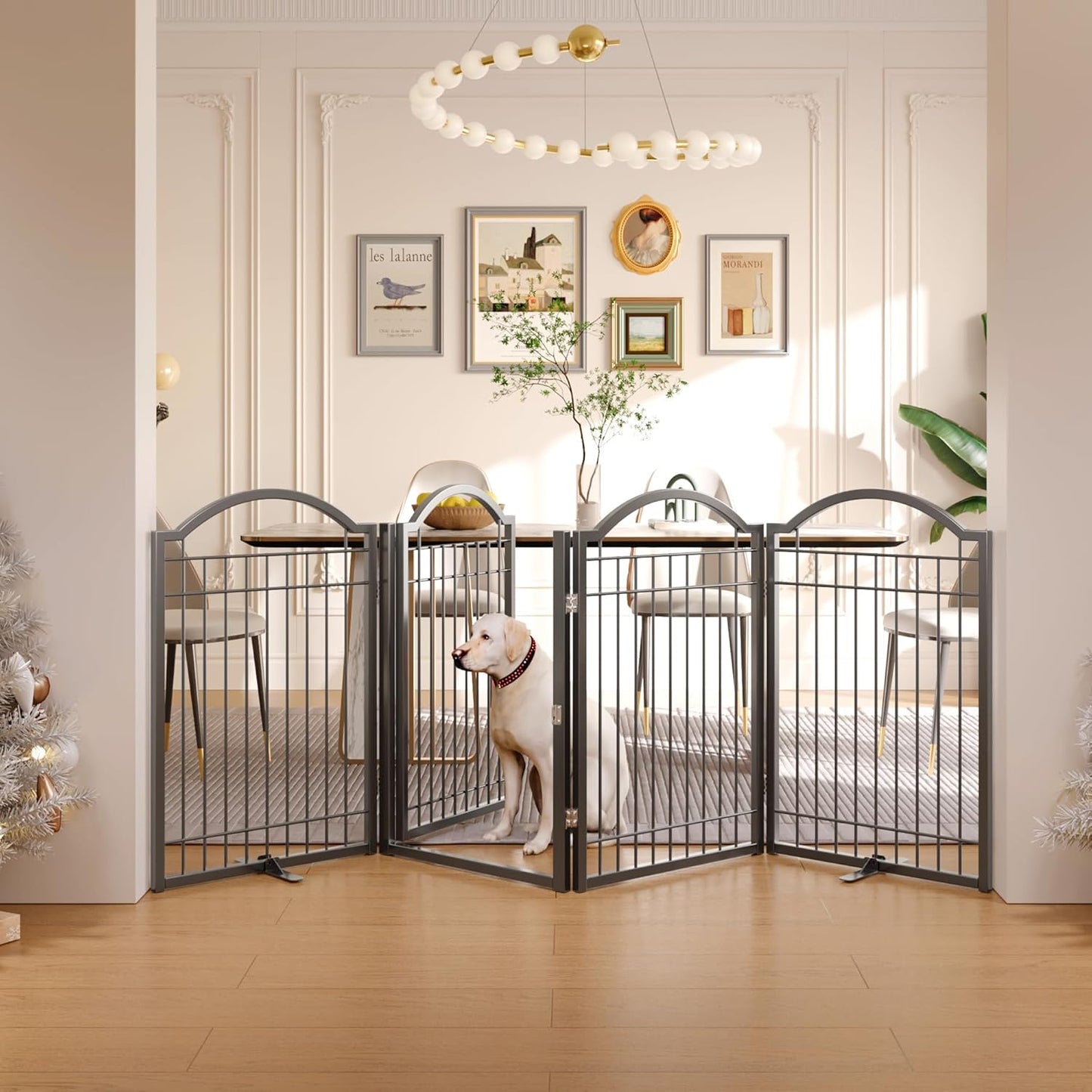 BHG Metal No-Assembly Freestanding Dog Gate with Door Walk Through, Extra Wide 144", Extra Tall 32" Pet Gate, Accordion Puppy Folding Playpen Dog Fence, with 2PCS Support (Black, 6 panesl)