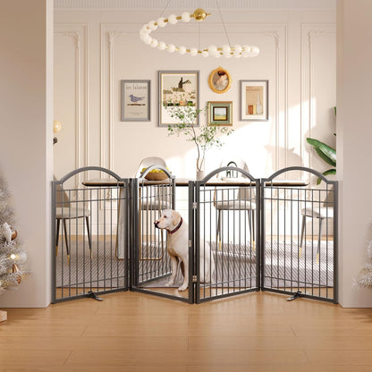 BHG Metal No-Assembly Freestanding Dog Gate with Door Walk Through, Extra Wide 144", Extra Tall 32" Pet Gate, Accordion Puppy Folding Playpen Dog Fence, with 2PCS Support (Black, 6 panesl)