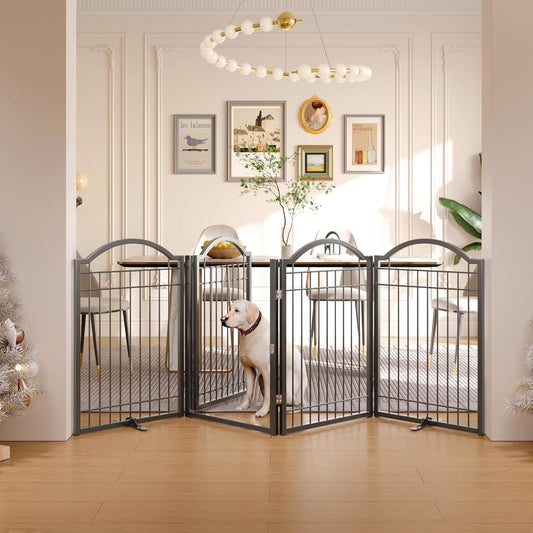 BHG Metal No-Assembly Freestanding Dog Gate with Door Walk Through, Extra Wide 144", Extra Tall 32" Pet Gate, Accordion Puppy Folding Playpen Dog Fence, with 2PCS Support (Black, 6 panesl)