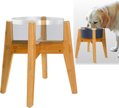 Dog Bowl Stand (14-inch High) - Ideal for Large Breeds, Use to Elevate, Raise Pet Dishes, Water Fountains and Slow Feeders - Adjustable Sideways, Bamboo - (Bowls not Included)