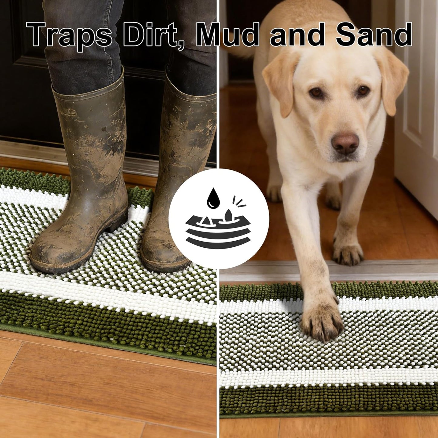 pobopobo Dog Door Mat for Muddy Paws - Absorbent & Washable Chenille Rug, Non-Slip Dirt Trapper for Indoor Outdoor Entryway, Quick Dry Pet Mat for Muddy Dogs (Striped Gray-Blue&White, 24" x 16")