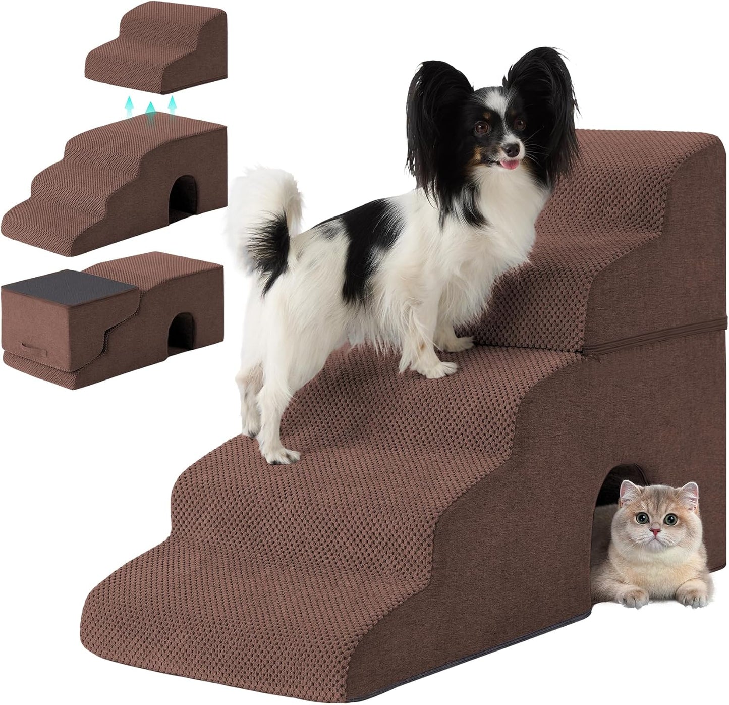 Dog Stairs for Bed 23’’ H, 5-Step Dog Steps for High Bed, Foldable Pet Stairs for Small Dogs and Cats to Get on Beds, Couch, Non-Slip Balanced Pet Steps and Ramp with Waterproof Cover, Grey