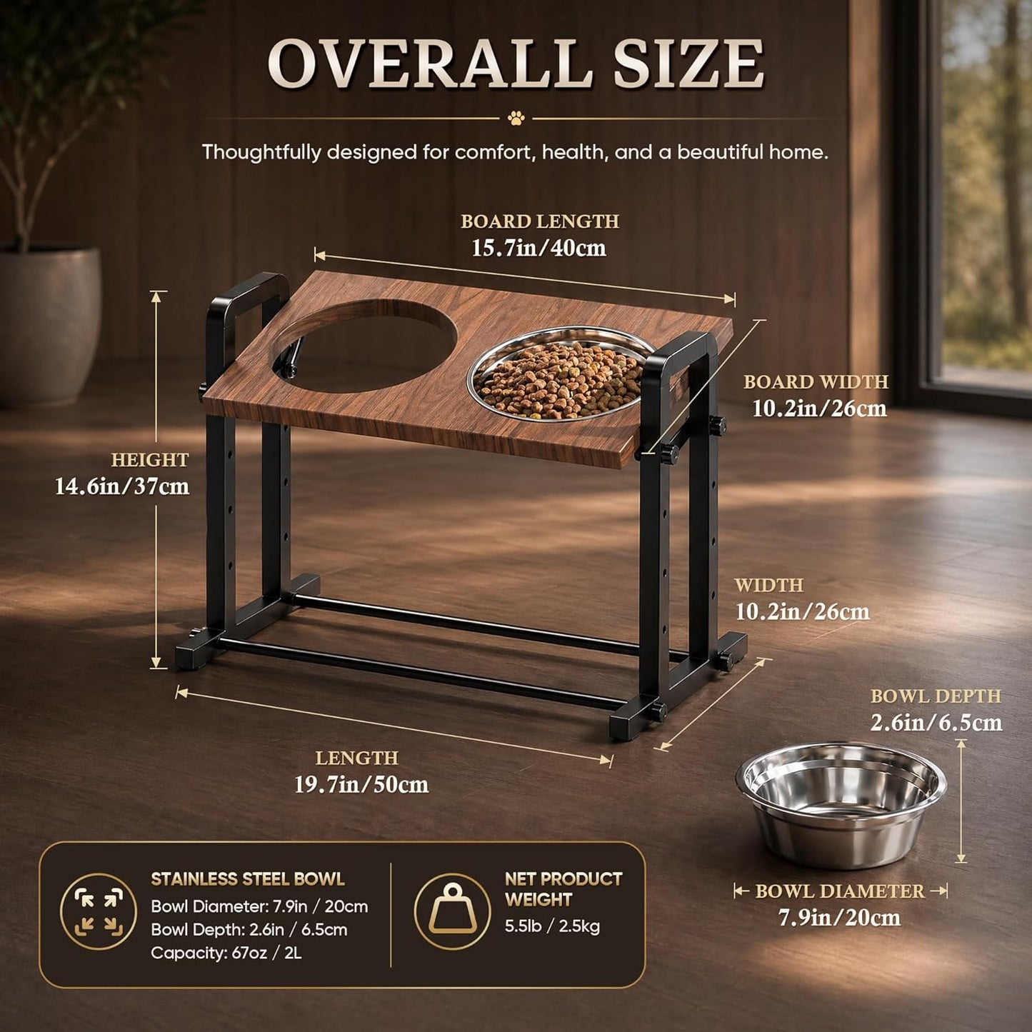 CZPET Elevated Dog Bowls Mess Proof with Splash Guard 4 Heights Adjustable Raised Stand with 2L (67 oz) Stainless Steel Bowls, Lifted Food Water Feeder for Small, Medium & Large Dogs