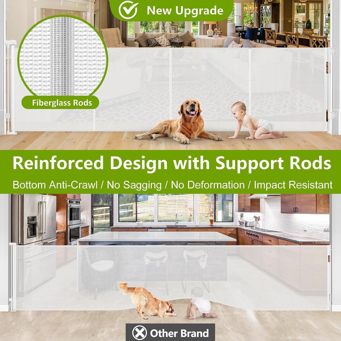 Reinforced 42" Tall Retractable Dog Gate, 155" Extra Long Retractable Baby Gate with Support Rods - Prevent Crawling Under, Indoor/Outdoor Retractable Gate Extra Tall Baby Gate Retractable Fence/Black