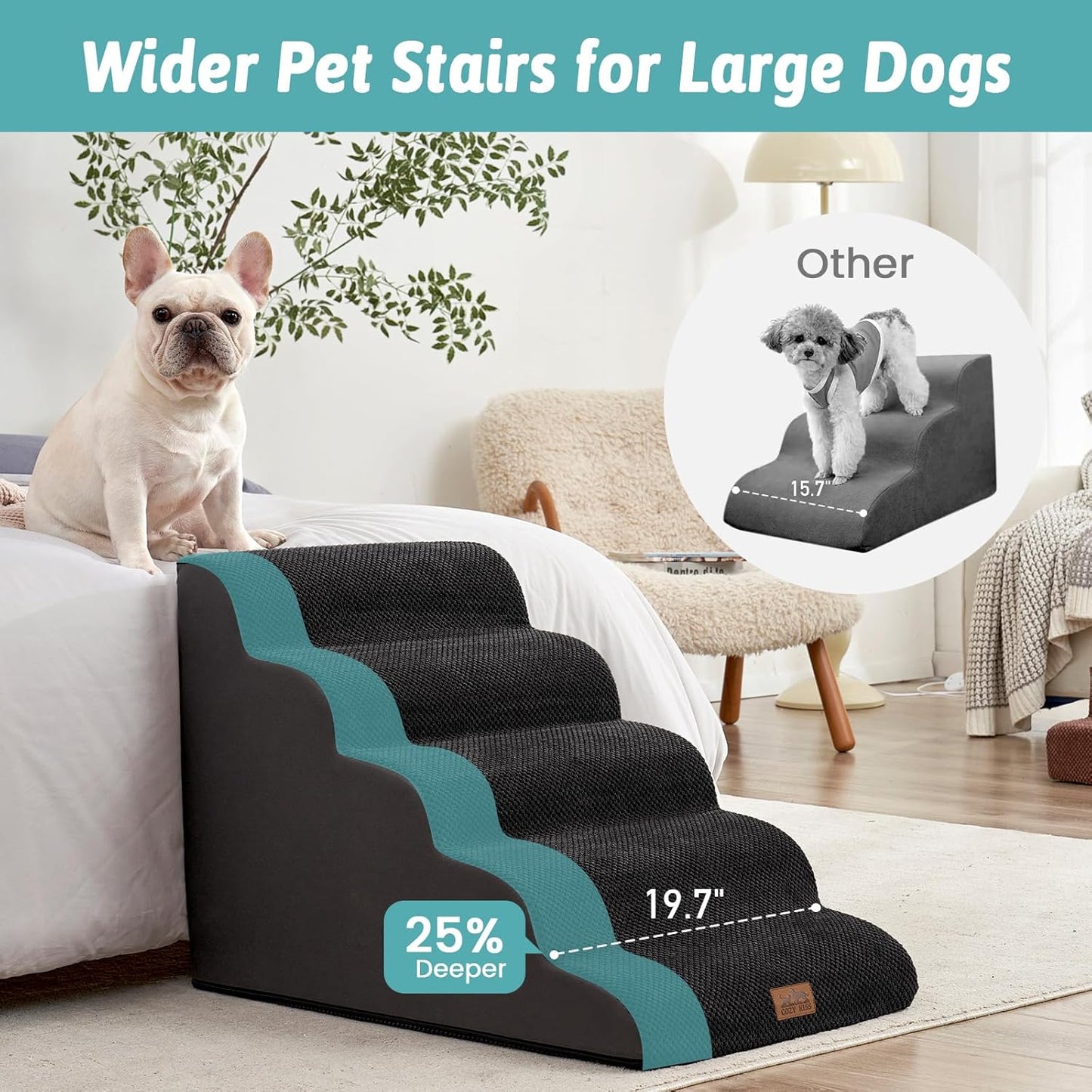 COZY KISS Extra Wide Dog Stairs with Tunnel, Foam Detachable Large Dog Step for Small Pet, Puppy or Cats, Medium Pet Ramp for High Bed, Couch, Sofa or Car, 19.7x33x22.4 inch, 5 Step, Beige