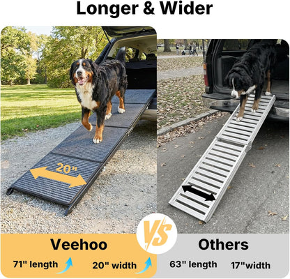 Veehoo Dog Ramp for Car Truck SUV 71" Long 20" Extra Wide, Foldable Dog Ramp with Non Slip Rug Surface for Large Dogs, Portable Folding Outdoor Pet Stairs for Dogs to Get in Car, Support up to 220lbs