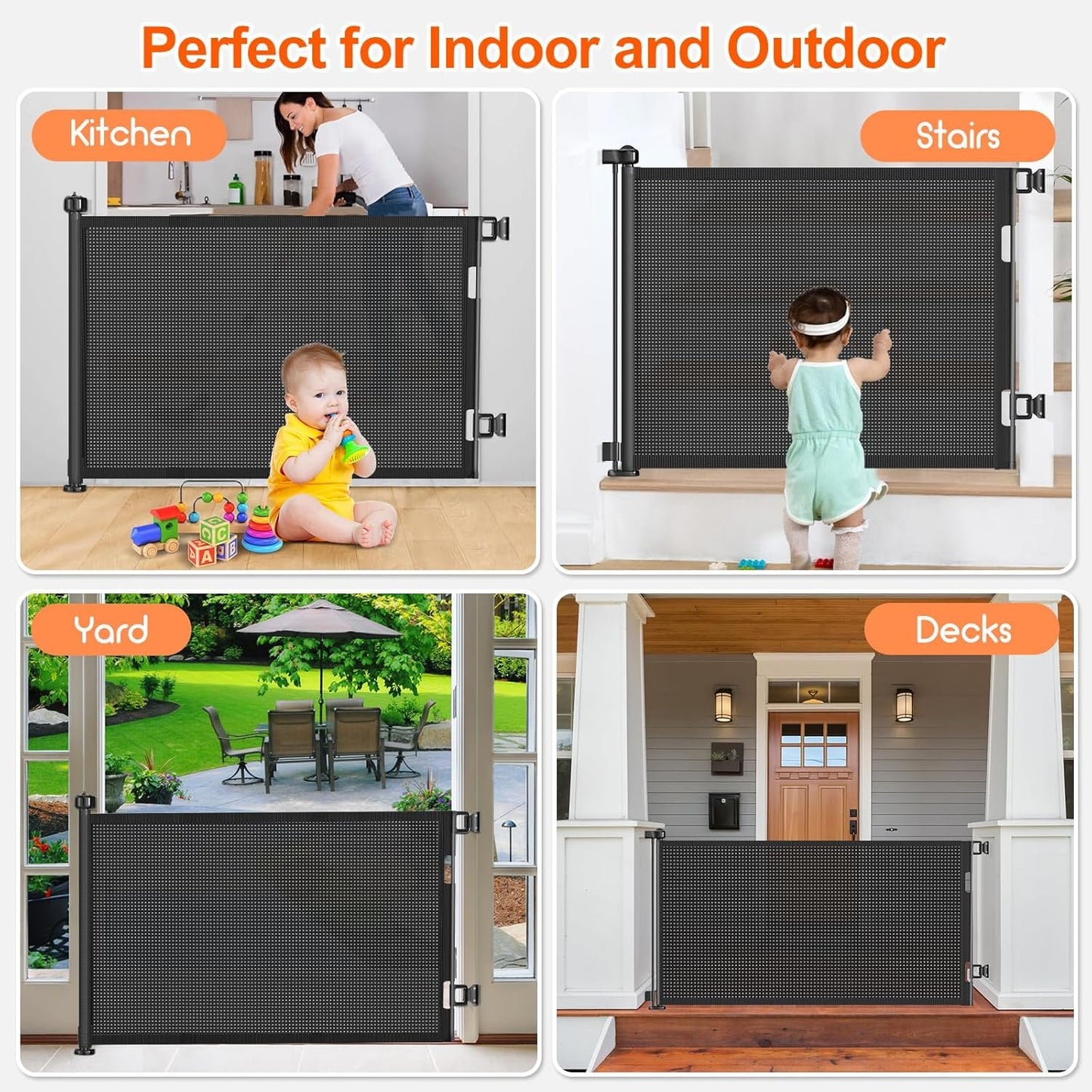 Upgrade 120 inch Retractable Baby Gates, EZIGO Extra Wide Baby Gate for Large Opening Extra Long Mesh Gate for Kids or Pet Dog Gate Child Safety Gate for Stairs Hallways Doorway Indoor Outdoor, Gray