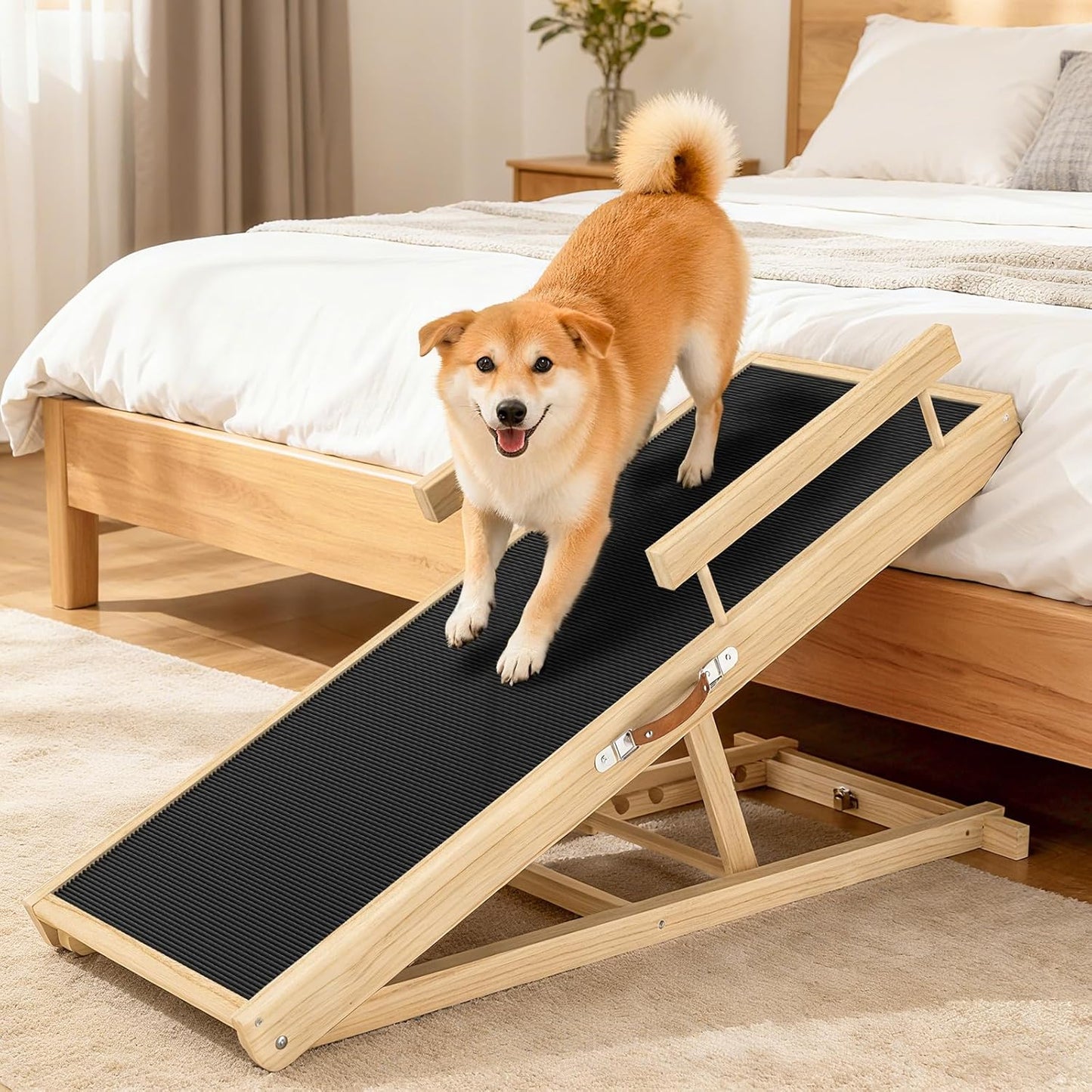 Dog Ramp for Couch with Non-Slip Silicone Mat, 39" Wooden Pet Ramps for Small Dogs, Hold up to 100lb, Adjustable Height from 11.41" to 20.47", Portable Stable Pet Step for Sofa Stairs