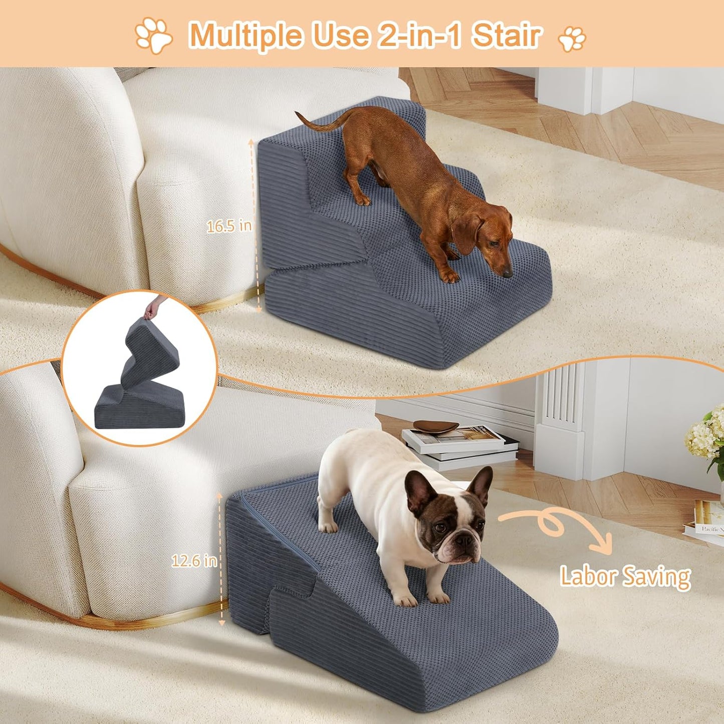 Dog Ramp for Bed, 23" H Dog Stairs for High Bed, 2 in 1 Pet Steps for Small Dogs, 5-Step Foldable Transformable Large Cats Ramp to Get on Couch, Non-Slip Balanced, Grey