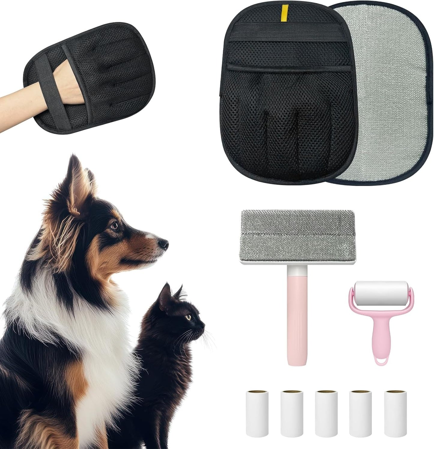Pet Hair Removal Glove & Electrostatic Remover Set with Mini Lint Roller (180 Sheets) - Reusable Cleaning Tool for Sofa, Carpet, Cat Tree, Furniture, Car Seat and Clothes（3PCS）