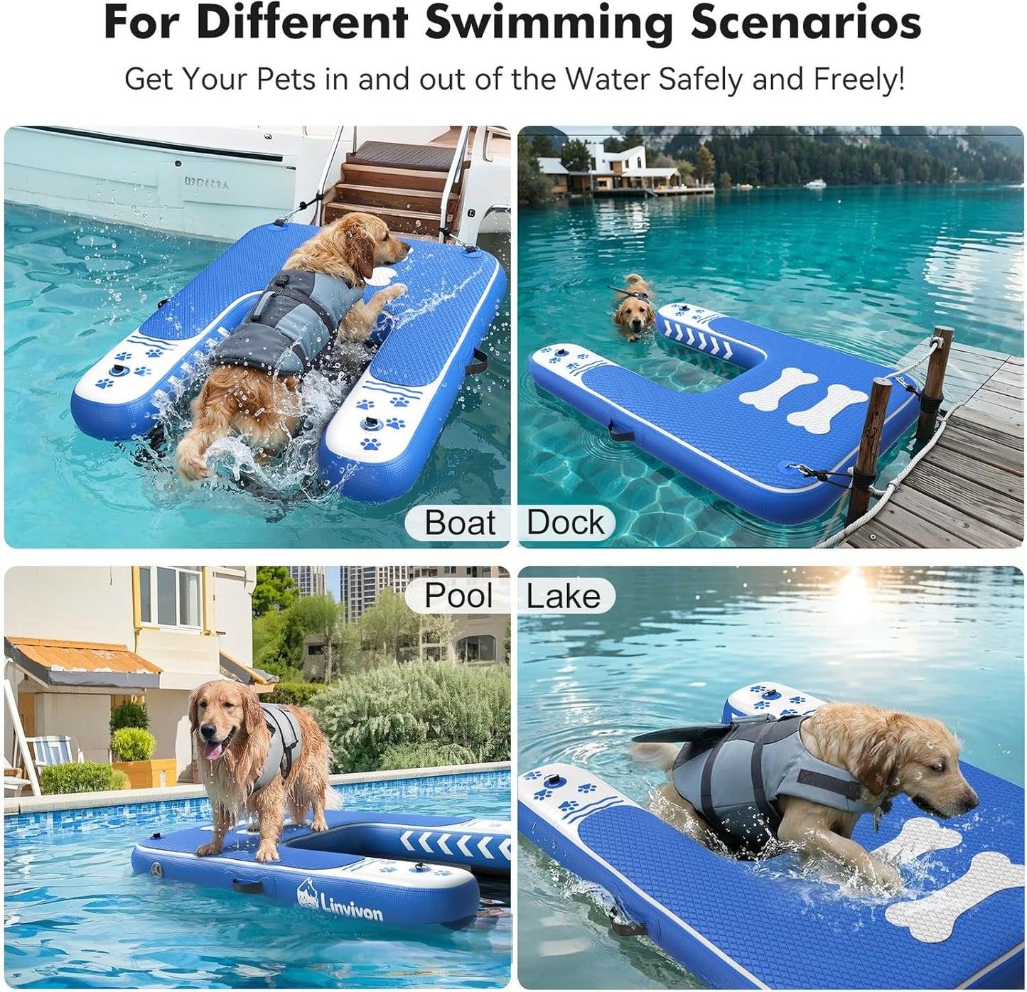 Inflatable Dog Boat Ramp for Dogs Up to 240 lbs, Inflatable Dock Floating Platform with Anti-Slip EVA Foam Safe & Easy Water Access, Dog Ramp for Boat, Pools, Lakes, Boats, Docks, Green