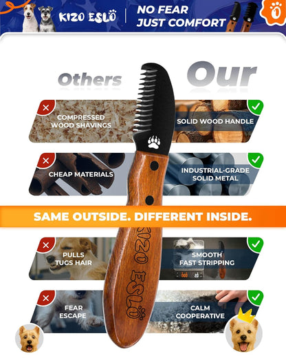 KIZO ESLO Dog Dematting Brush & Undercoat Rake for Doodles, Poodles & Long-Haired Pets, Detangling Comb for Thick Curly Coats, Removes Mats, Knots & Tangles, Stainless Steel Teeth with Wooden Handle