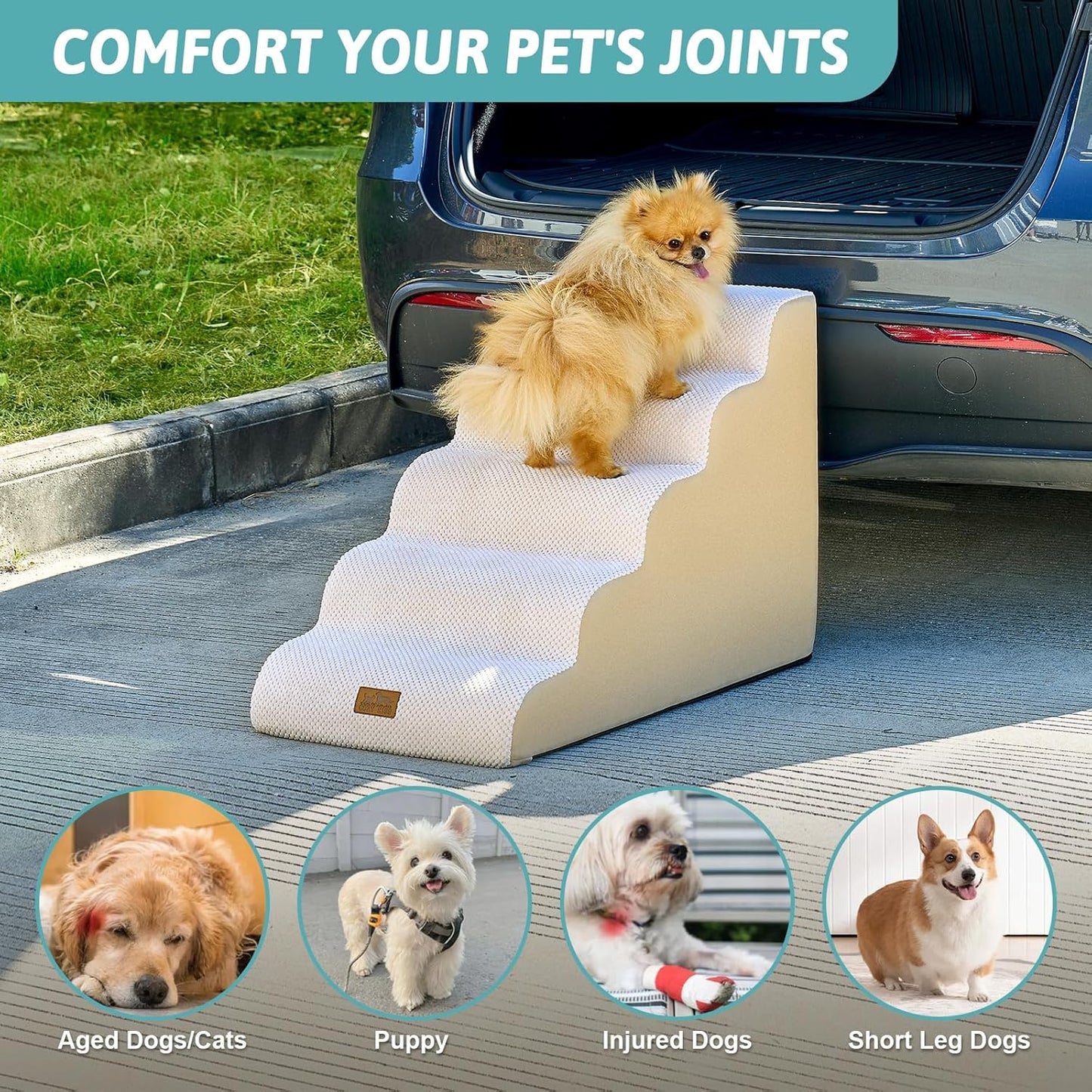COZY KISS Extra Wide Dog Stairs with Tunnel, Foam Detachable Large Dog Step for Small Pet, Puppy or Cats, Medium Pet Ramp for High Bed, Couch, Sofa or Car, 19.7x33x22.4 inch, 5 Step, Beige
