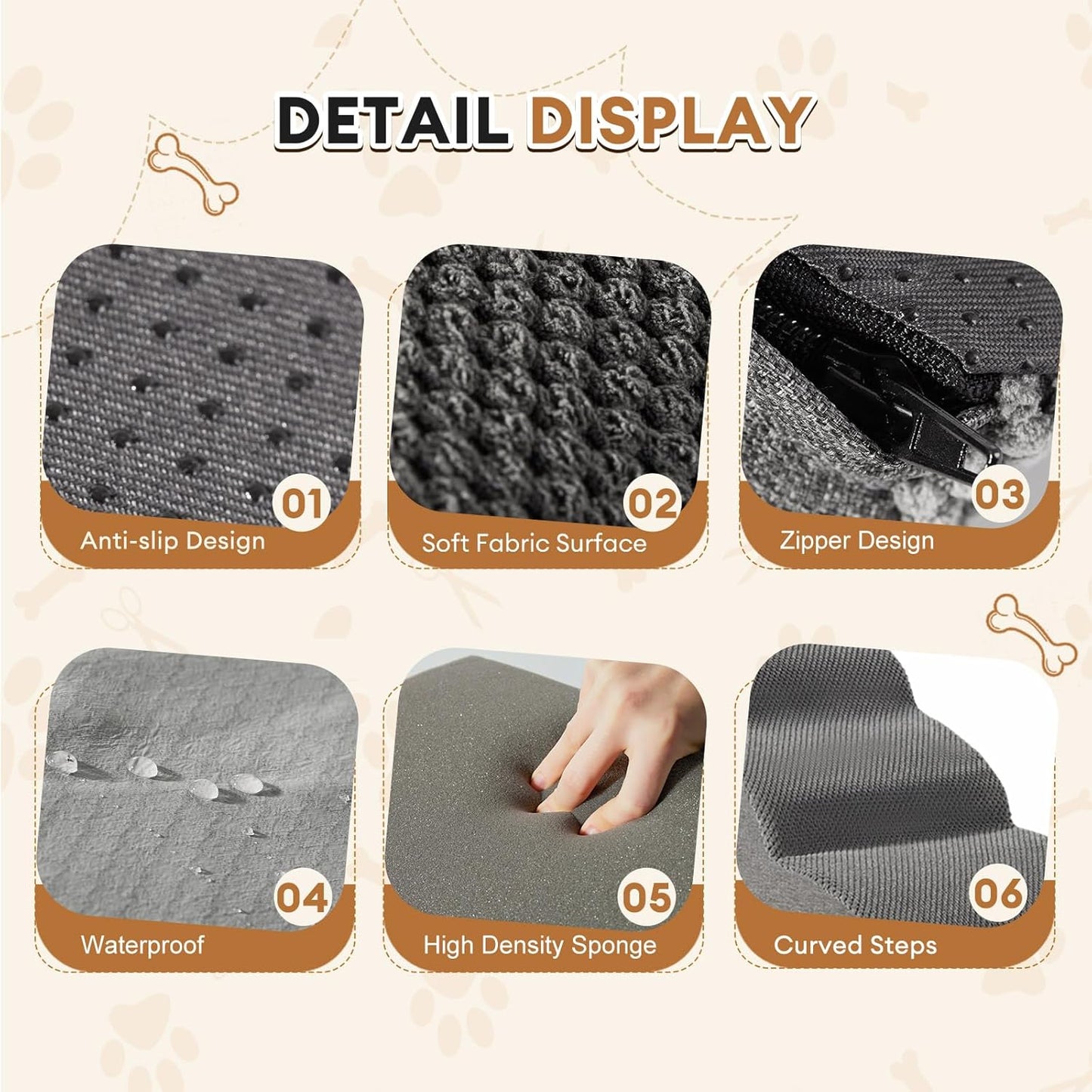 Dog Stairs, Romrol Dog Steps Ramp for High Bed and Couch, Dogs Ramp with Durable Non-Slip Waterproof Fabric Cover, Pet Stairs for Small Dogs and Cats or Pets Joints, 4-Tiers,Grey