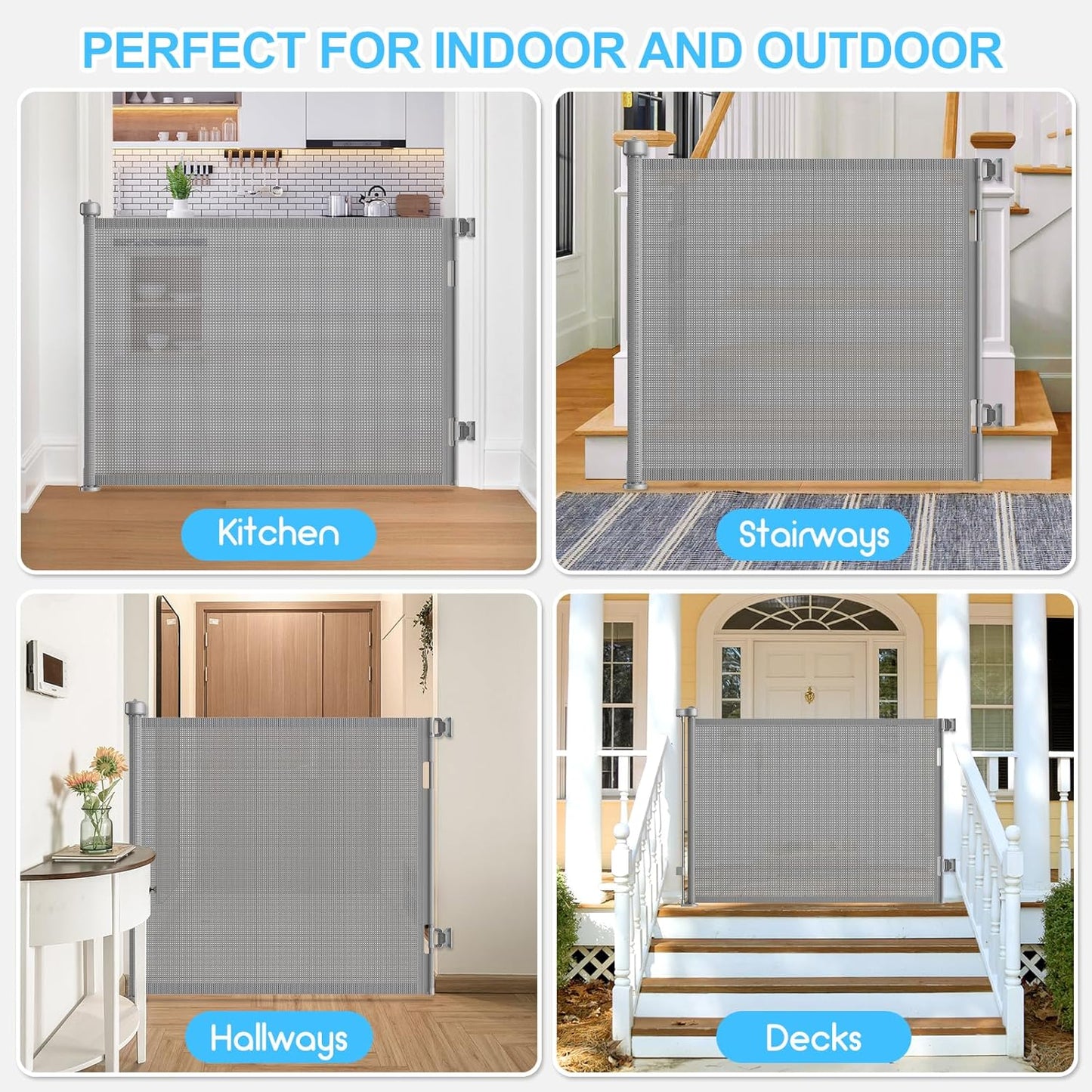 Upgrade 120 inch Retractable Baby Gates, EZIGO Extra Wide Baby Gate for Large Opening Extra Long Mesh Gate for Kids or Pet Dog Gate Child Safety Gate for Stairs Hallways Doorway Indoor Outdoor, Gray