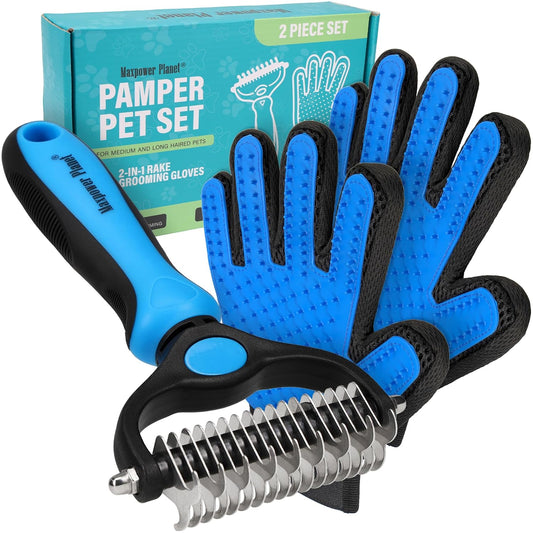 Maxpower Planet Dog Rake and Dog Hair Brush - Gently Removes Loose Undercoat, Mats and Tangled - Deshedding Grooming Tool for Dogs & Cats - Self Cleaning Slicker Brush - All Hair Types